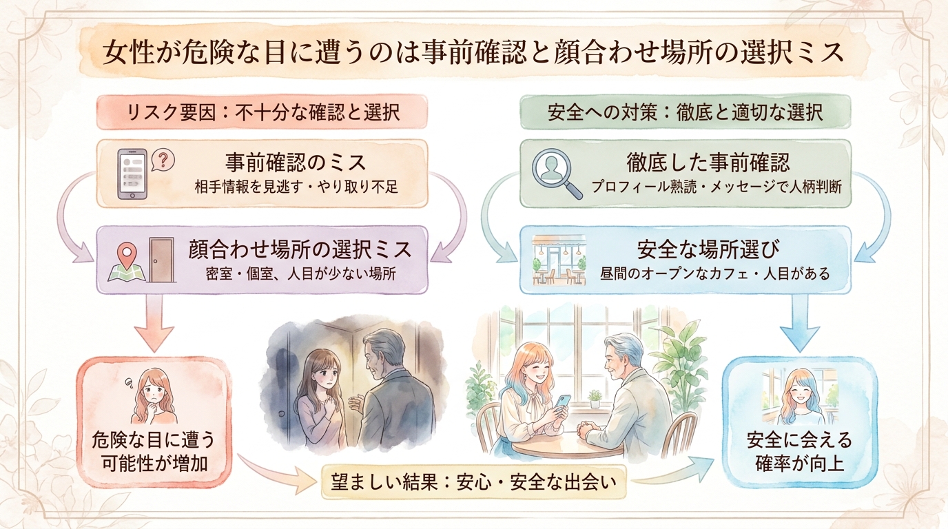 女性が危険な目に遭うのは事前確認と顔合わせ場所の選択ミス