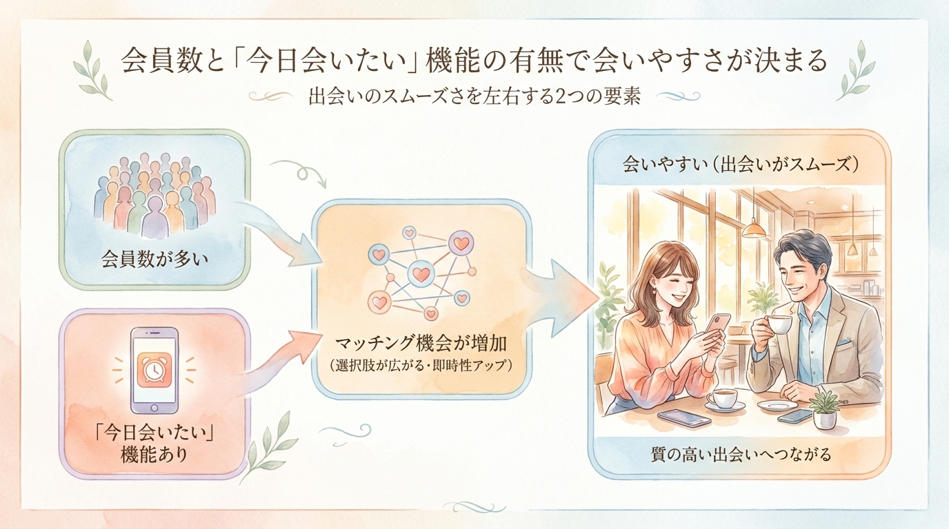 会員数と「今日会いたい」機能の有無で会いやすさが決まる