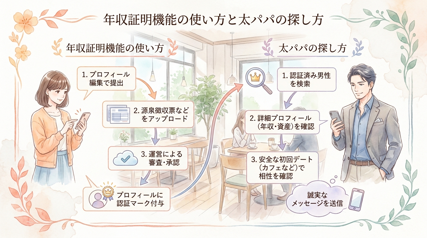 年収証明機能の使い方と太パパの探し方